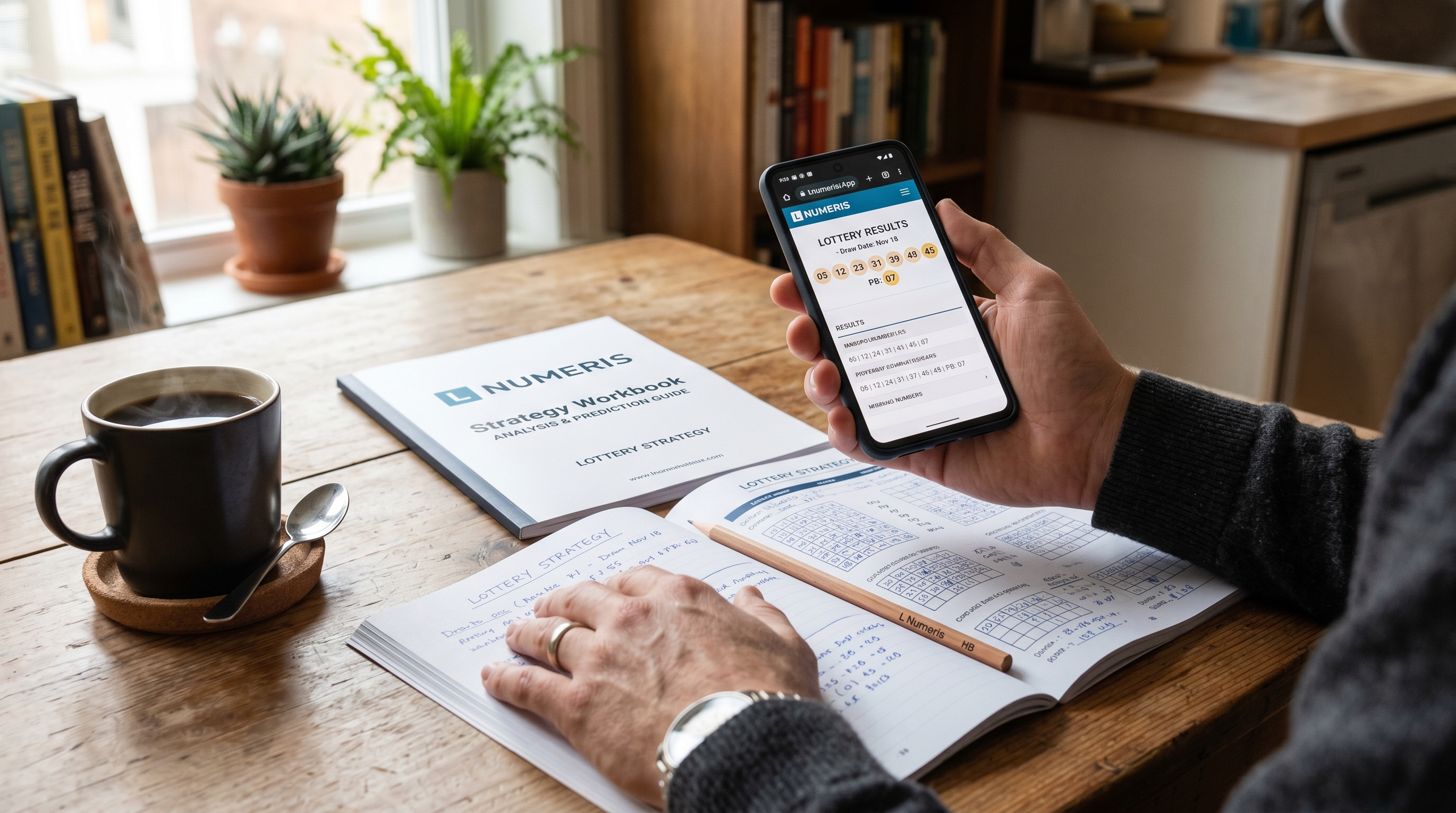 L Numeris Pick 3 strategy workbook, handwritten number tracking, and a phone showing lottery results