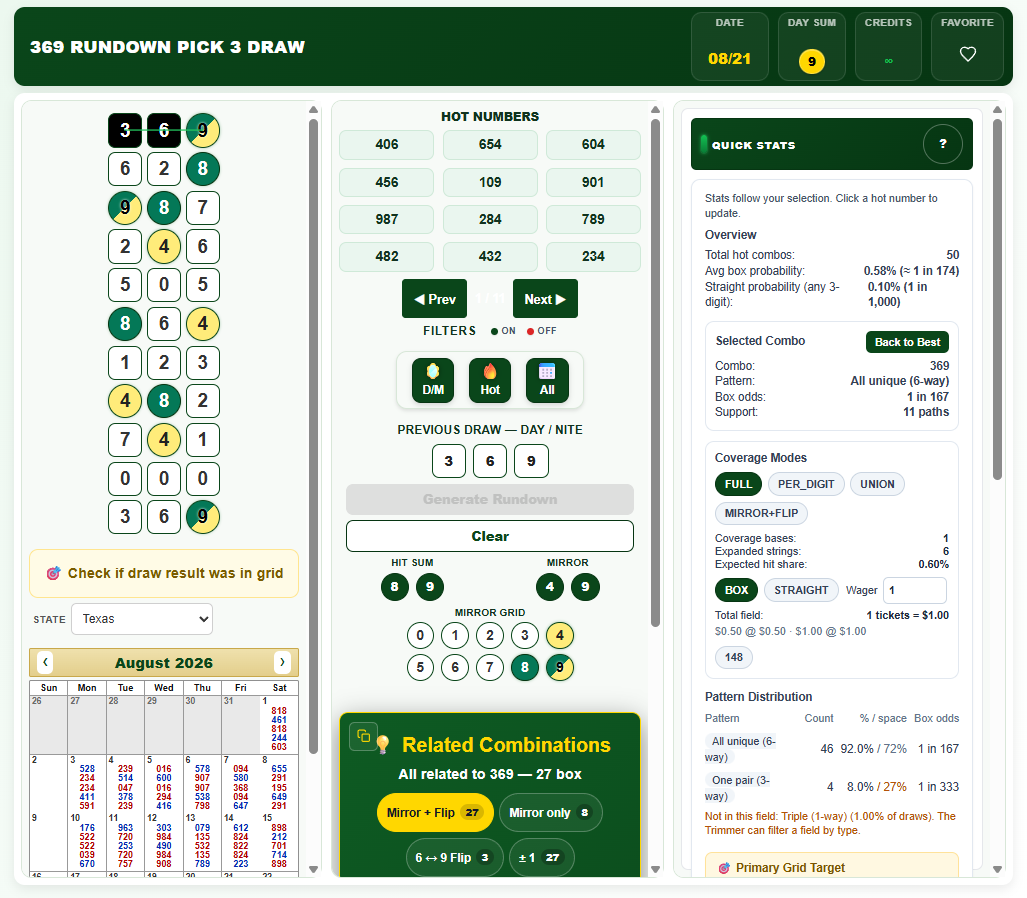 A Pick 3 rundown generator showing a column of candidate rows with hot-number highlights