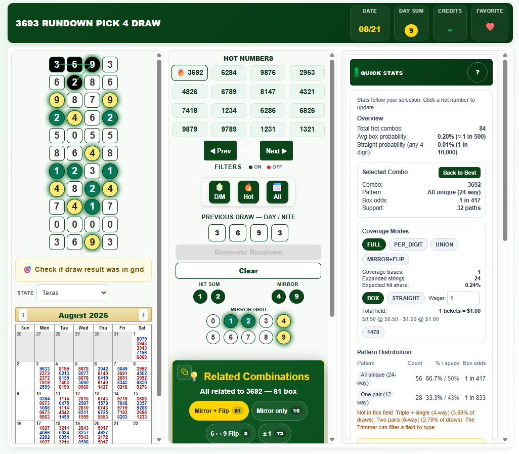 A Pick 4 rundown generator showing a column of four-digit candidate rows