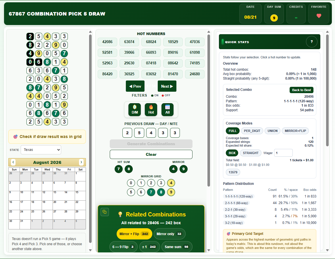 A Pick 5 rundown engine showing a column of five-digit candidate rows with highlights