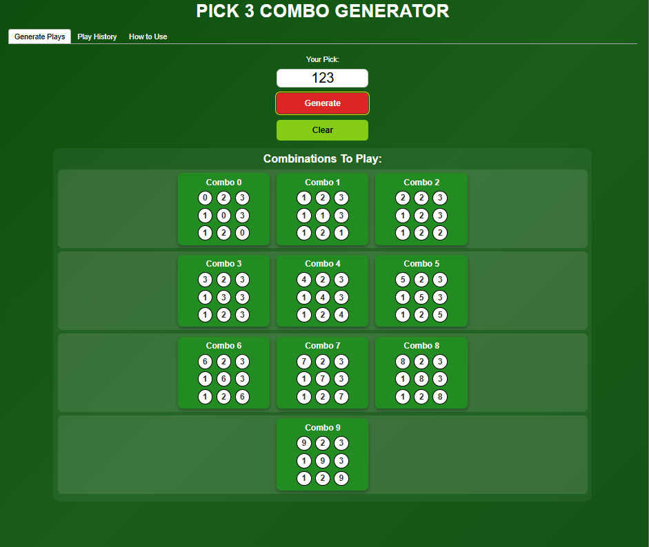 The L Numeris Pick 3 Combo Generator showing combination blocks for final digits 0 through 9