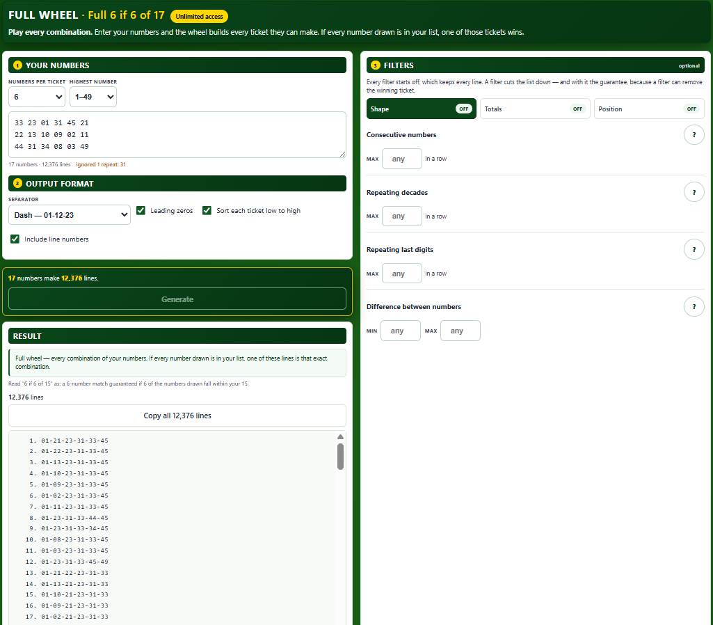 The L Numeris Full Wheel showing the numbers input, the line count, and the generated ticket lines