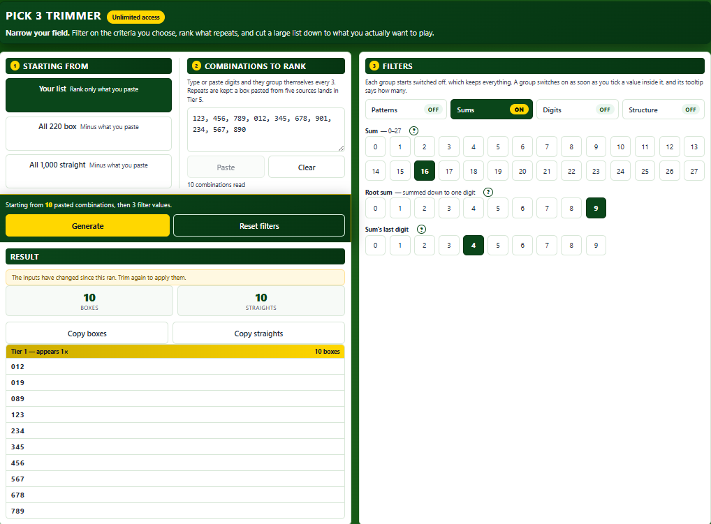 The L Numeris Pick 3 Trimmer showing pasted combinations, filter groups, and a ranked result list